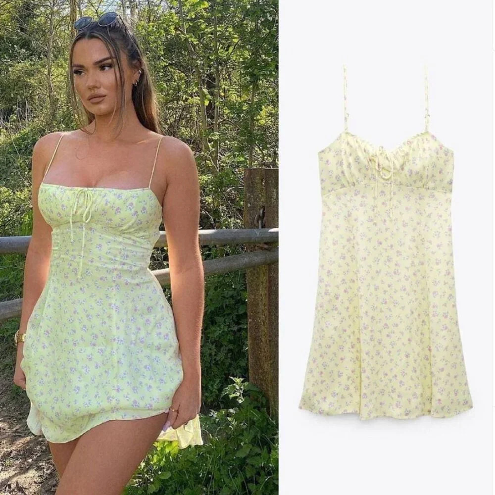 Zara butter pastel yellow floral Mini Dress micro floral cottage size XS